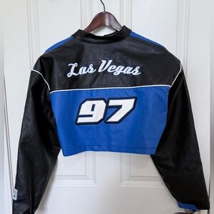 Forever 21 Moto Sport Racing Cropped Jacket Black Blue White Size S NWOT